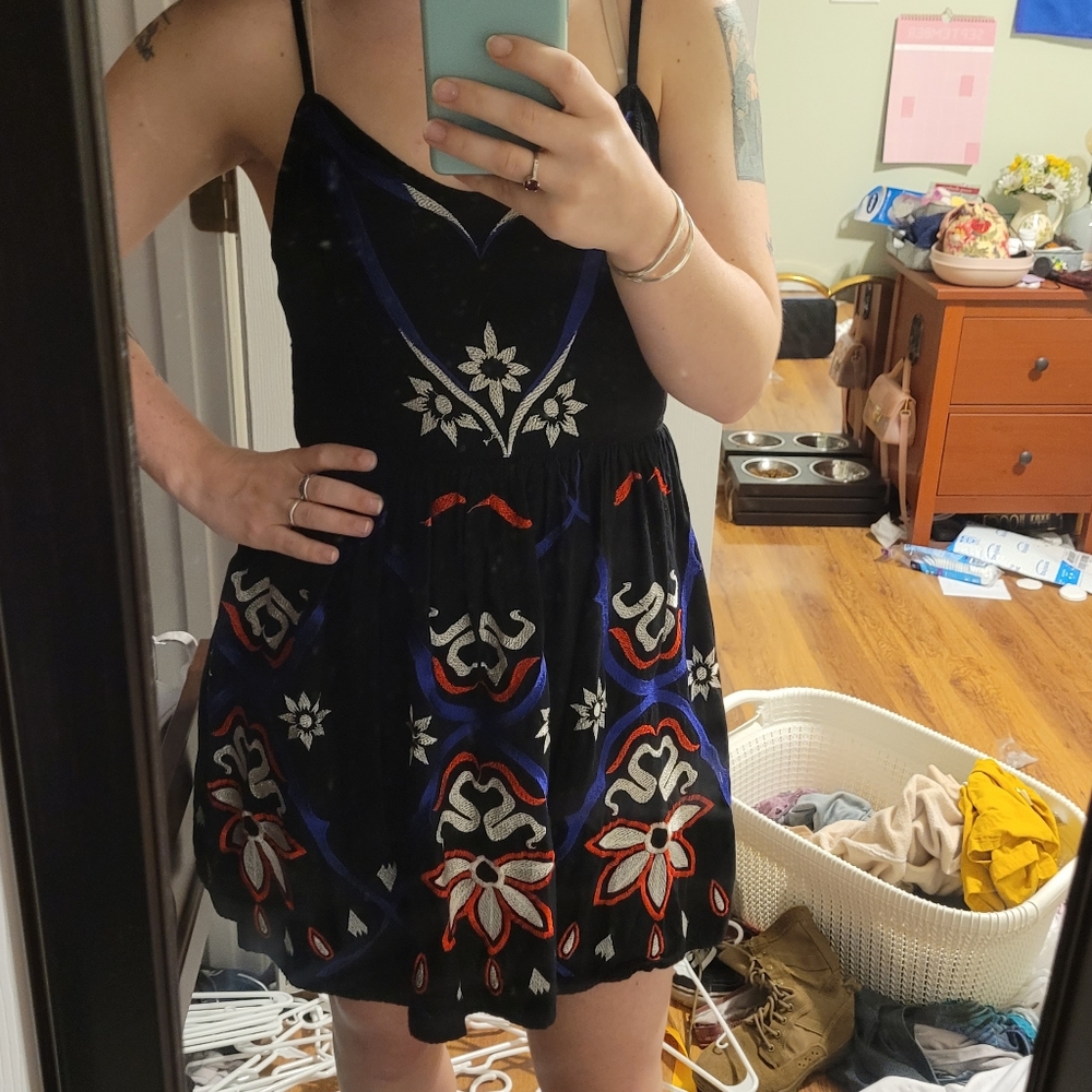 Free People XS fit and flare black embroidery dress